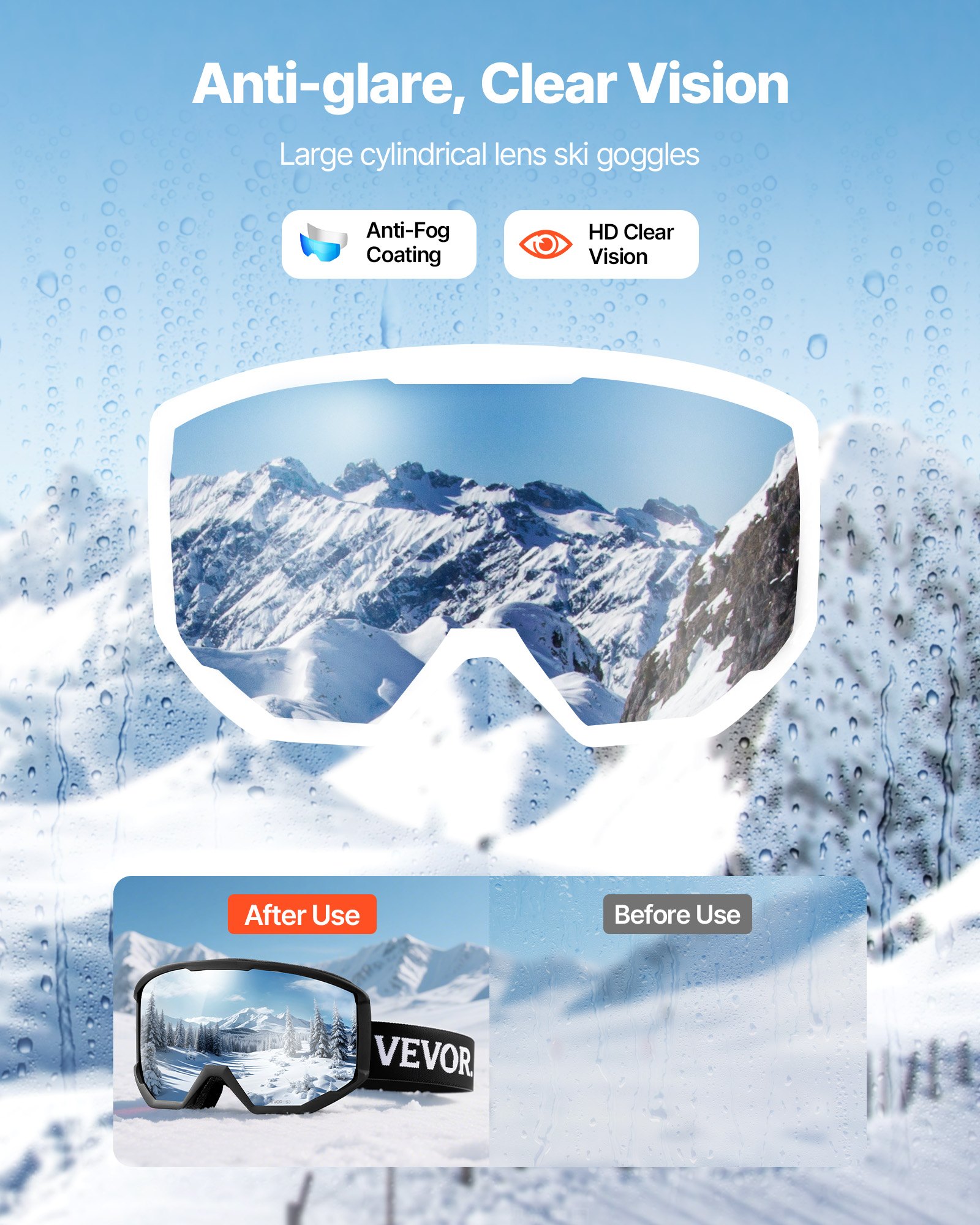 VEVOR Occhiali da Sci Maschera da Neve Revo Rivestimento Ice Blue Montatura OTG, Occhiali da Snowboard, TPU, Doppia Ventilazione Antiappannamento, Maschera da Motoslitta, Motocross