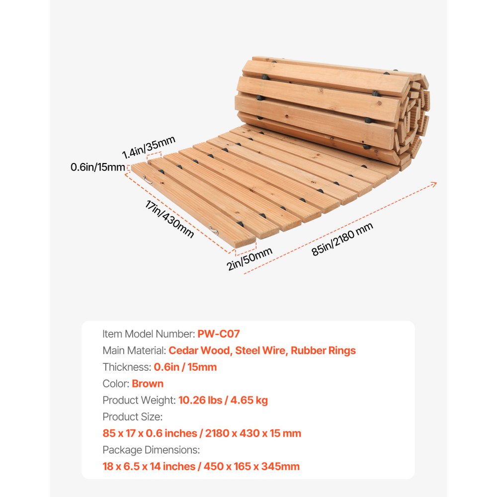 VEVOR Roll-Up Garden Path 218x43 cm, Roll-Up Wooden Path, Cedar Wood Walkway with Wire Rope Connection, Wooden Steps, Garden Steps, Decorative Stepping Stones for Seaside Promenade, Backyard, Patio