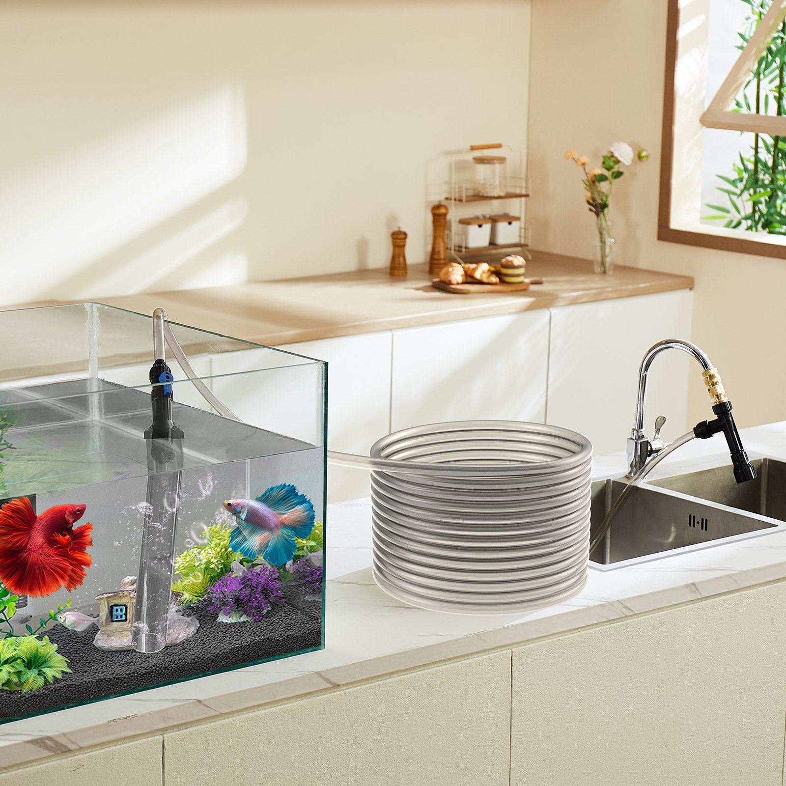 VEVOR Aspiraghiaia per Acquario 8020 x 220 x 58 mm Tubo in PVC 7,6 m Detergente Ghiaia per Acquari, Aspirapolvere per Acquario con Sifone, 3 Tipi di Adattatori in Ottone, per Pulizia di Ghiaia, Sabbia