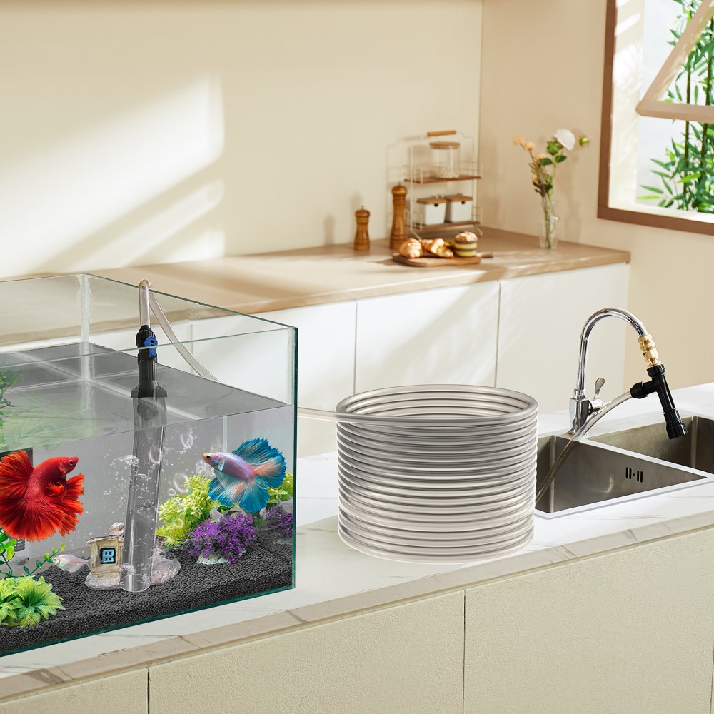 VEVOR Aspiraghiaia per Acquario 15640 x 220 x 58 mm Tubo in PVC 15,2 m Detergente Ghiaia per Acquari, Aspirapolvere Acquario con Sifone, 3 Tipi di Adattatori in Ottone, per Pulizia di Ghiaia, Sabbia