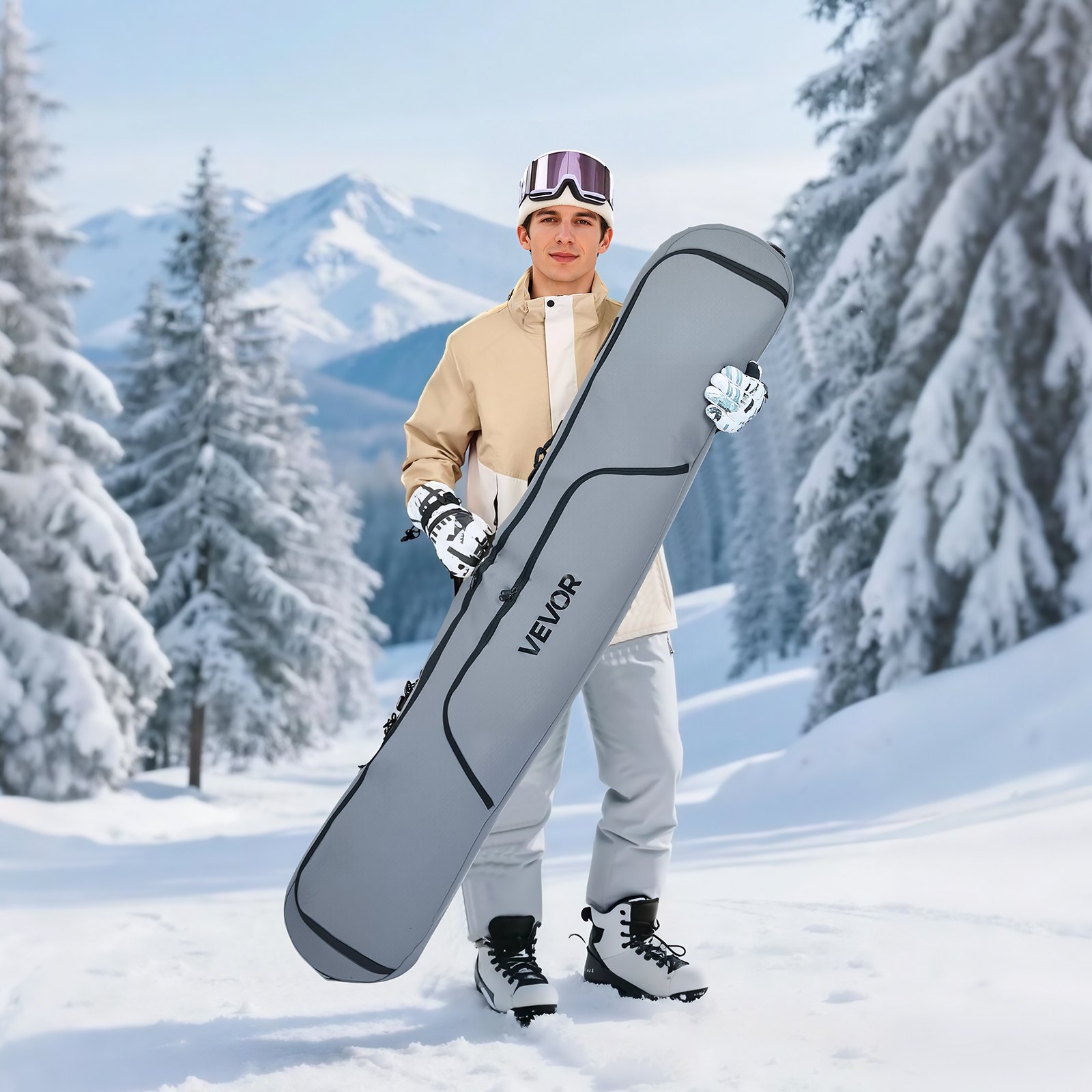 VEVOR Borsa da Snowboard, Fino a 165 cm, Borsa Imbottita per Sci e Snowboard, Tessuto Oxford Impermeabile 600D, con Cinghie Interne Regolabili, per Occhiali, Guanti, Casco e Scarponi Grigio