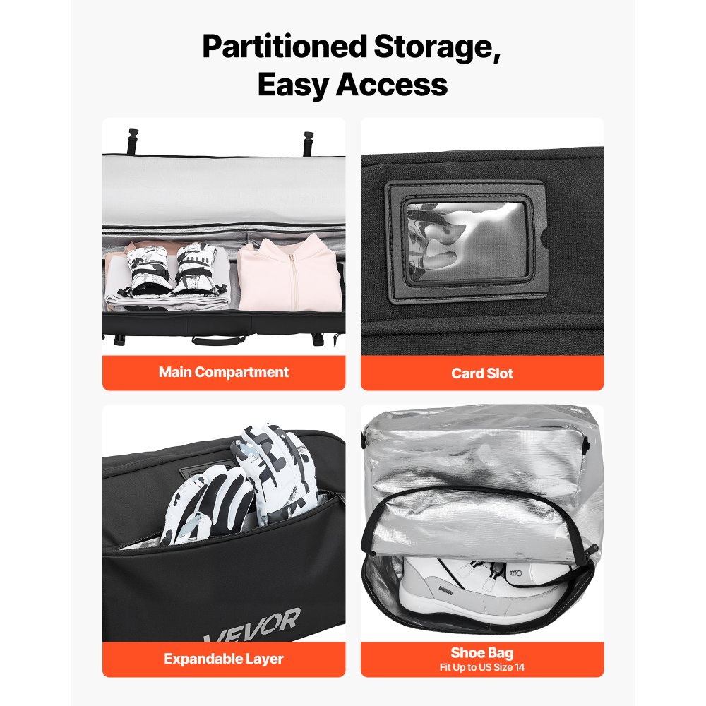 VEVOR Borsa Portasci, Fino a 175 cm, Borsa Imbottita per Snowboard con Ruote per Viaggi Aerei, Tessuto Oxford Impermeabile 600D, con Cinghie Regolabili, per Sci, Bastoncini, Occhiali, Nero