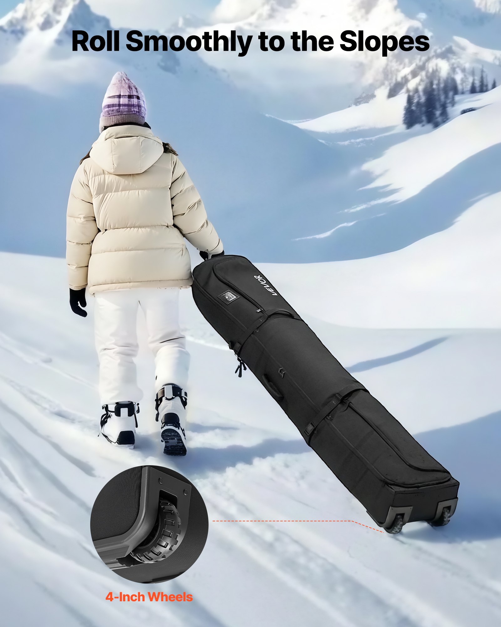 VEVOR Borsa Portasci, Fino a 175 cm, Borsa Imbottita per Snowboard con Ruote per Viaggi Aerei, Tessuto Oxford Impermeabile 600D, con Cinghie Regolabili, per Sci, Bastoncini, Occhiali, Nero