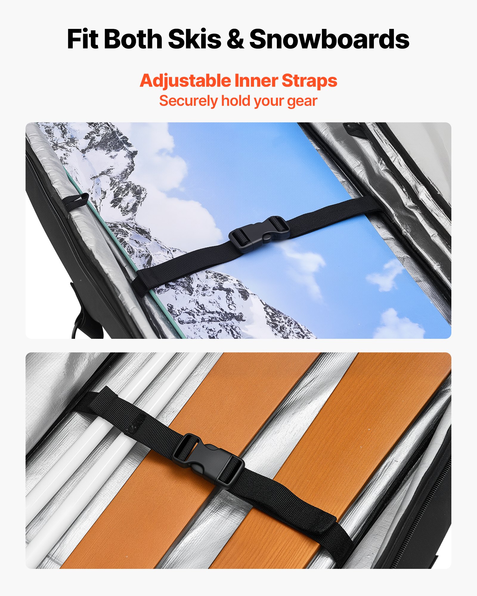 VEVOR Borsa Portasci, Fino a 175 cm, Borsa Imbottita per Snowboard con Ruote per Viaggi Aerei, Tessuto Oxford Impermeabile 600D, con Cinghie Regolabili, per Sci, Bastoncini, Occhiali, Nero