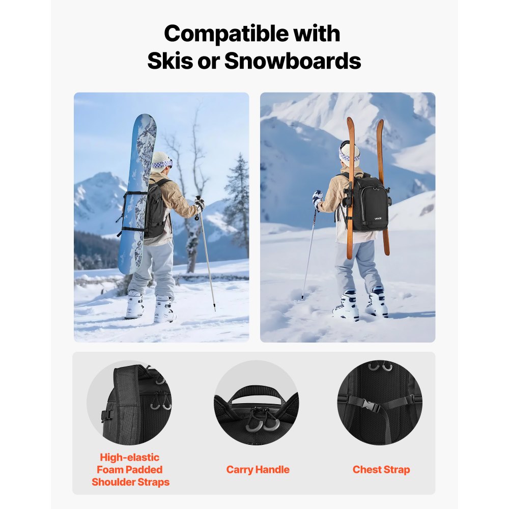 VEVOR Ski Boot Bag, 55L, Snowboard Boots Travel Backpack for Men Women, with Waterproof Exterior & Bottom, Durable 1680D Oxford, Bag for Skis, Snowboard, Helmet, Goggles, Gloves, Accessories (Black)