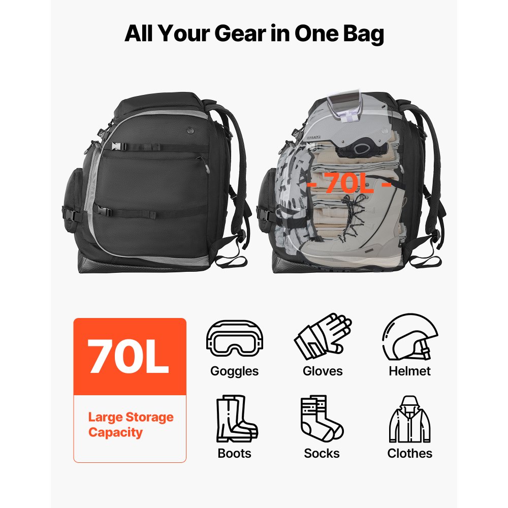 VEVOR Ski Boot Bag, 70L, Snowboard Boots Travel Backpack for Men Women, with Waterproof Exterior & Bottom, Durable 1680D Oxford, Bag for Skis, Snowboard, Helmet, Goggles, Gloves, Accessories (Black)