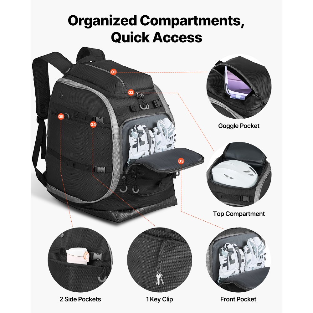 VEVOR Ski Boot Bag, 70L, Snowboard Boots Travel Backpack for Men Women, with Waterproof Exterior & Bottom, Durable 1680D Oxford, Bag for Skis, Snowboard, Helmet, Goggles, Gloves, Accessories (Black)