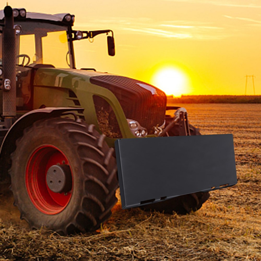 VEVOR compact loader attachment, 6.35 mm quick-release plate, 1.14 m inner width, 46.99 cm height. Quick-release compact loader attachments for buckets, plows, and forks.