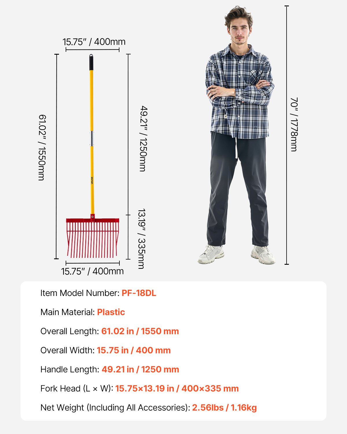 VEVOR Forca per Letame, 18 Denti Angolati, Rastrello per Letame di Cavallo con Manico Lungo in Fibra di Vetro 1550 mm, Forca in Plastica Resistente, Strumento per Giardinaggio, Stalla per Cavalli