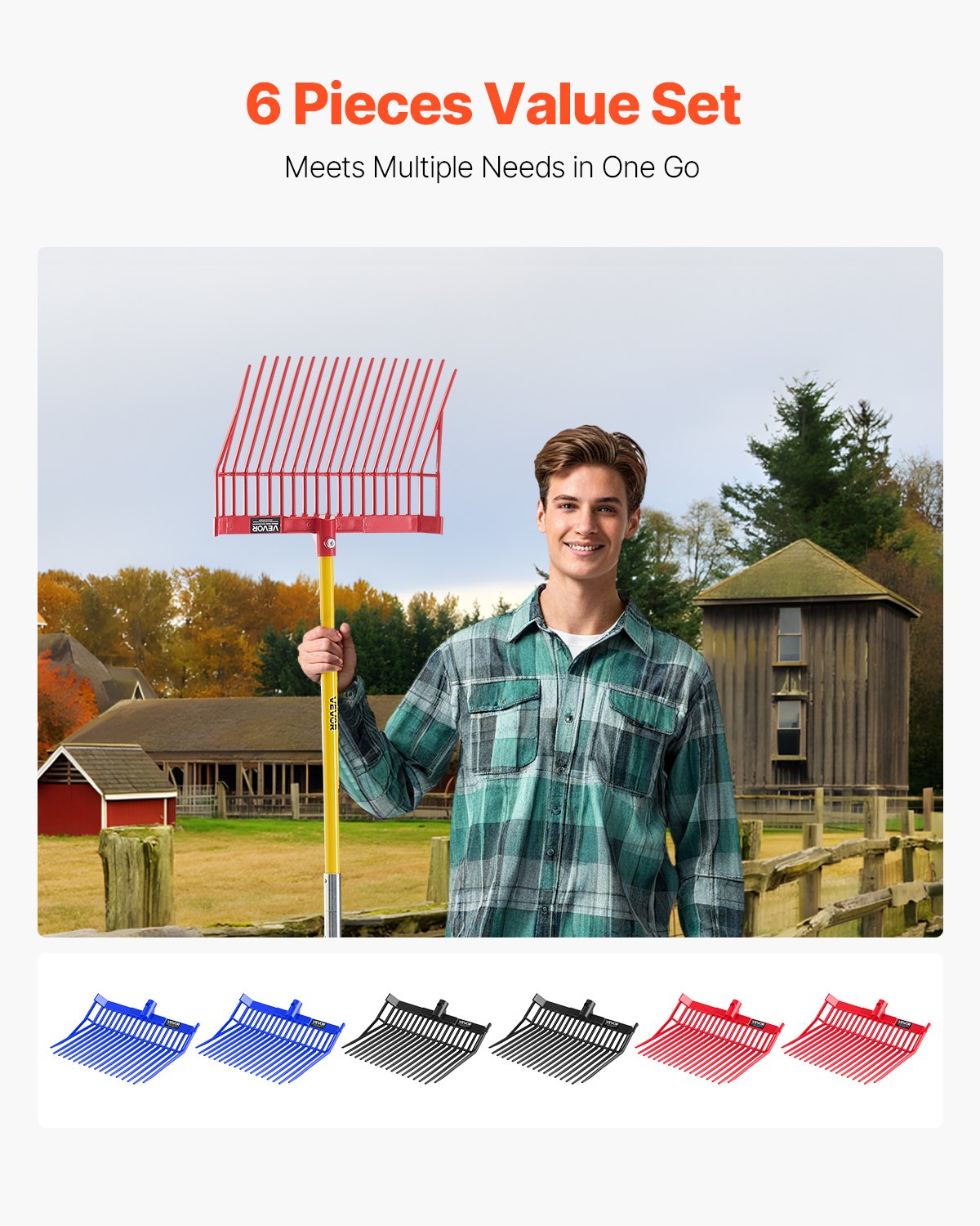 VEVOR 6-piece set Swedish pitchfork, 18 angled tines, manure fork head for horses, plastic hay fork, manure fork for collecting stable manure, grass, hay and cleaning up field work