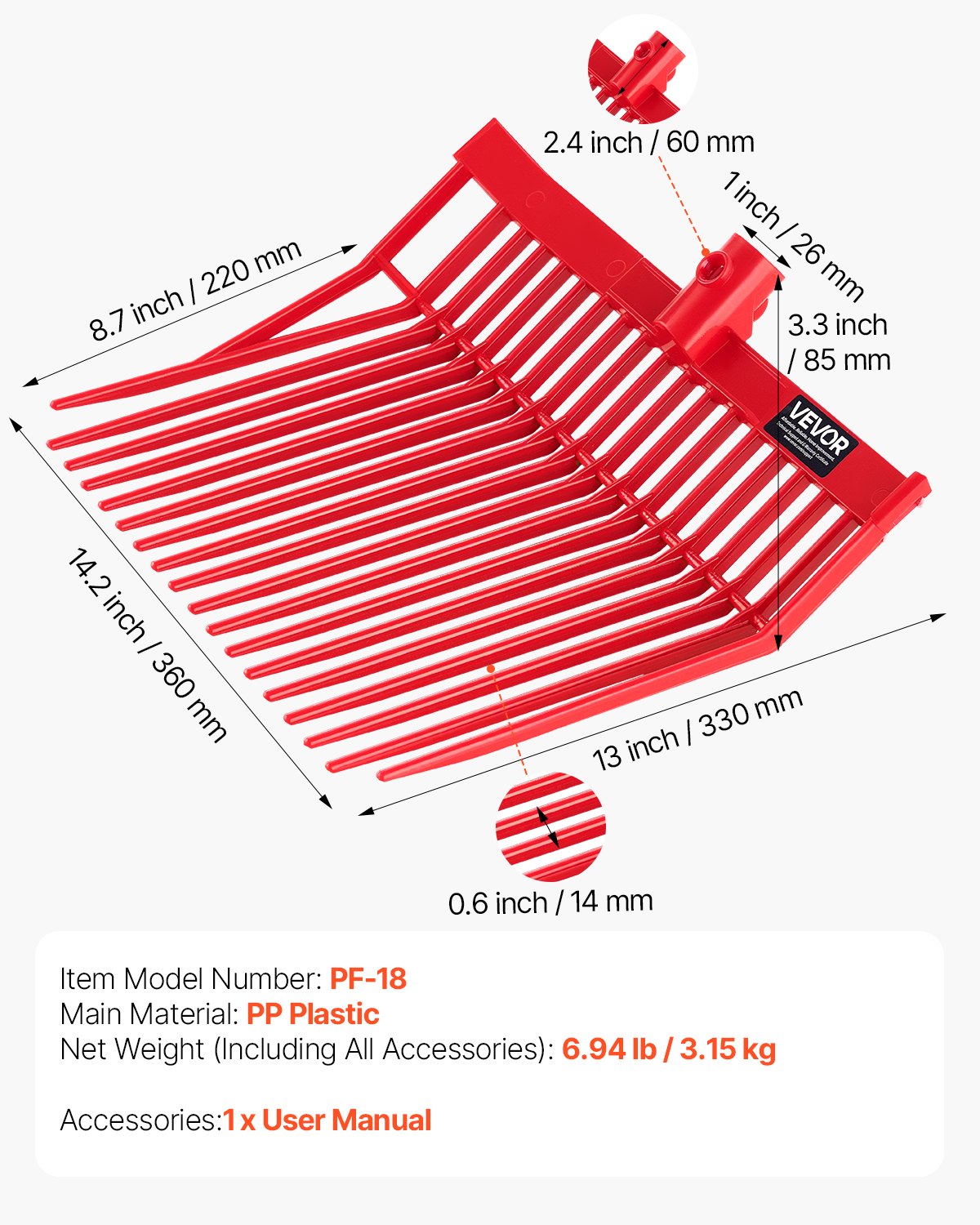 VEVOR 6-piece set Swedish pitchfork, 18 angled tines, manure fork head for horses, plastic hay fork, manure fork for collecting stable manure, grass, hay and cleaning up field work