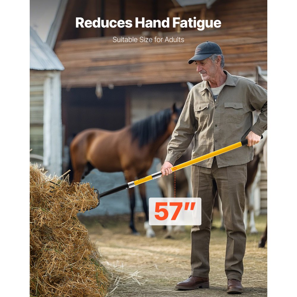 VEVOR Forca da Giardino, a 5 Punte con Manico in Fibra di Vetro, Forca per Giardinaggio Resistente da 1450 mm con Impugnatura a Y, Forca da Giardino in Acciaio Forgiato per Fieno, Compostaggio