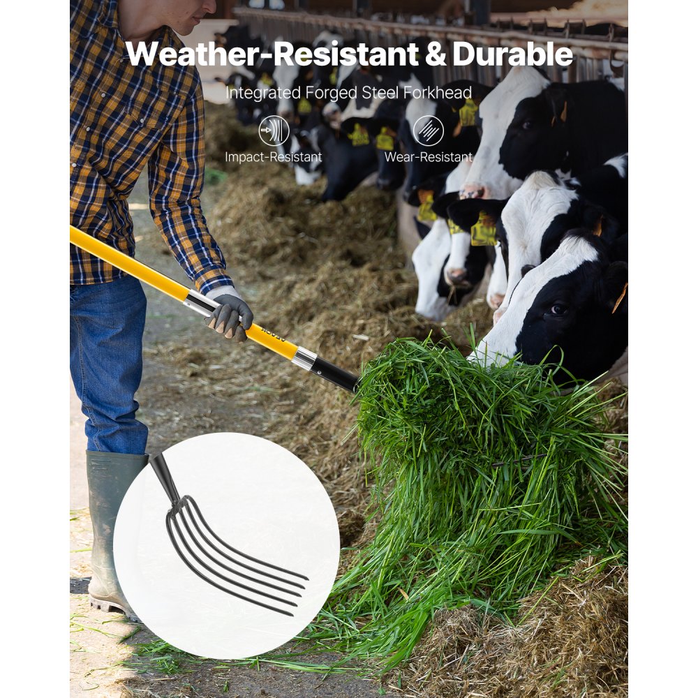 VEVOR manure fork 1450 mm, 5-tine hay fork with fiberglass handle, dung fork, manure fork, garden fork, spade fork made of forged steel for hay, potato composting, transplanting and aeration