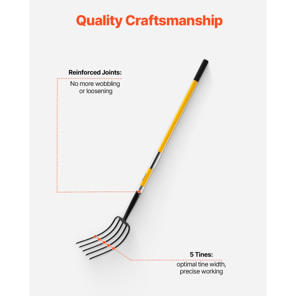 VEVOR manure fork 1450 mm, 5-tine hay fork with fiberglass handle, dung fork, manure fork, garden fork, spade fork made of forged steel for hay, potato composting, transplanting and aeration