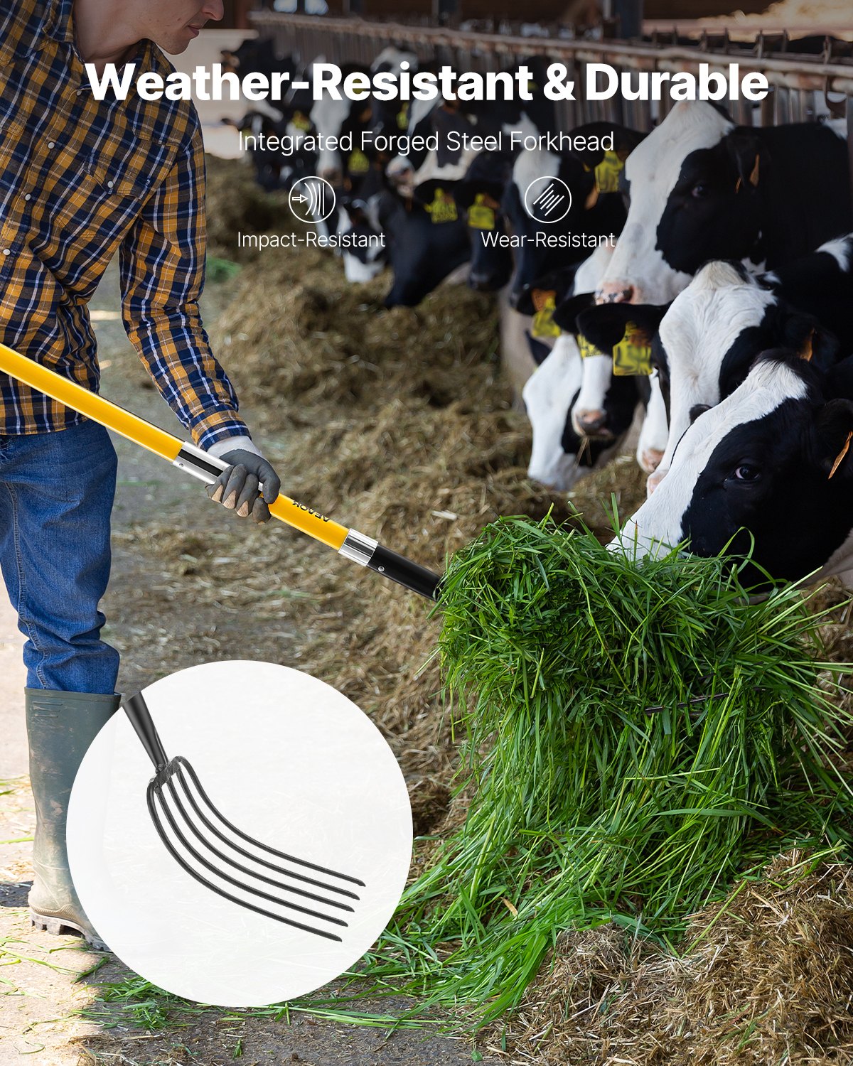 VEVOR manure fork 1450 mm, 5-tine hay fork with fiberglass handle, dung fork, manure fork, garden fork, spade fork made of forged steel for hay, potato composting, transplanting and aeration