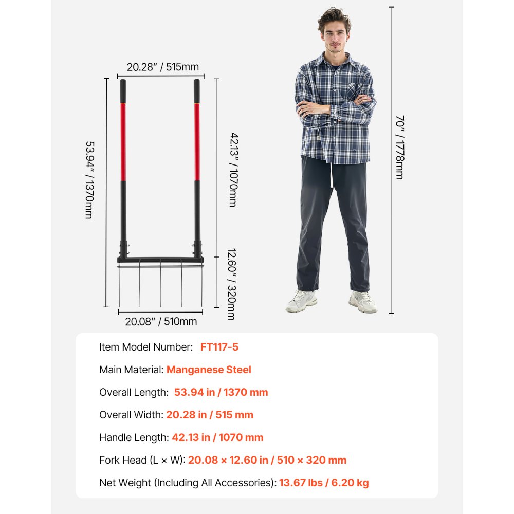 VEVOR Broadfork Doubleshaft 510x320 mm, 5-tine digging fork with two fiberglass handles, robust spade fork, ergonomic U-shaped design, garden tool for composting, transplanting & aerating