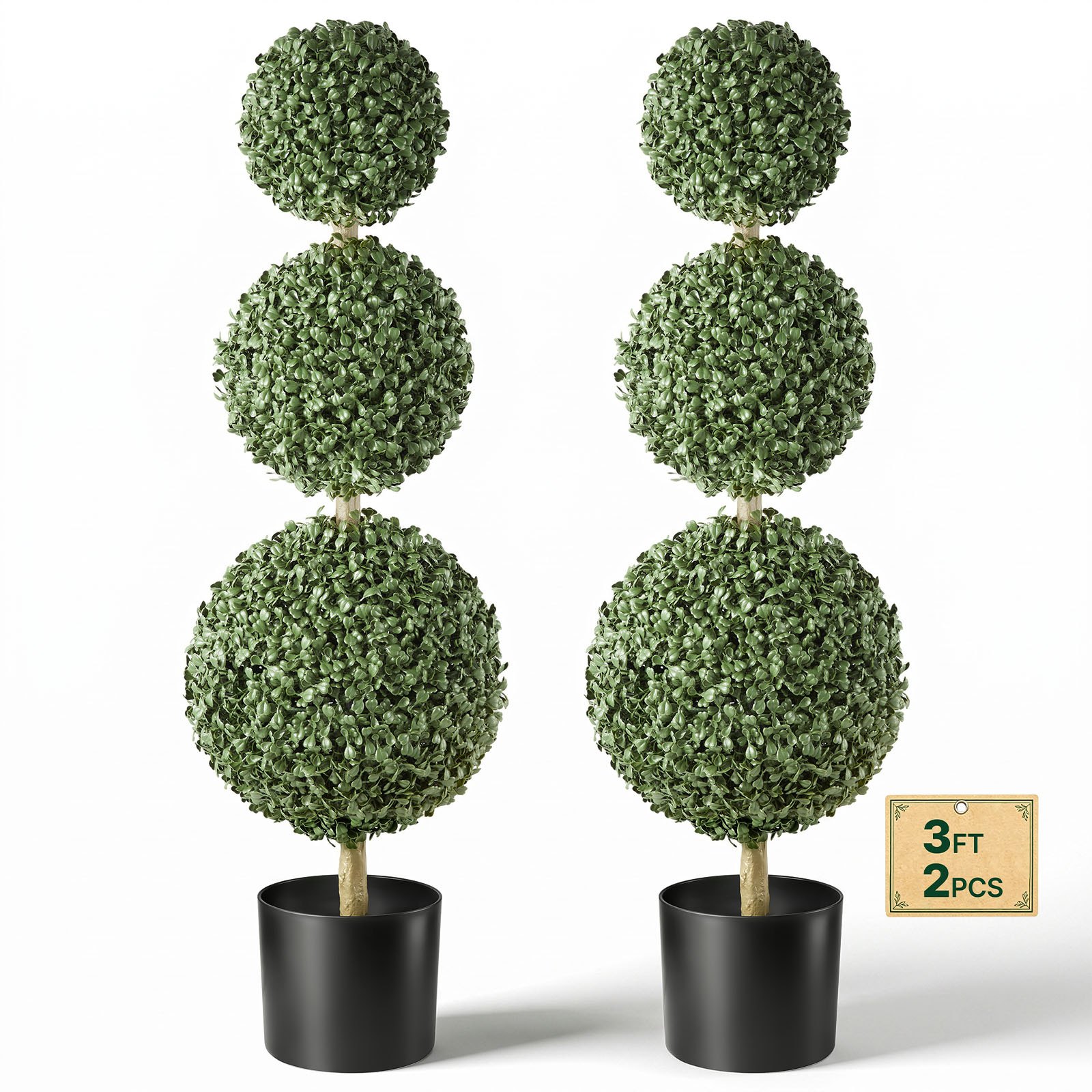 VEVOR Set di 2 Alberi Finti di Bosso a 3 Sfere da 914 mm Piante Verdi in PE, Albero Topiario Artificiale con Vaso, Pianta Decorativa per Interni ed Esterni, Veranda, Balcone, Patio, Ingresso, Giardino