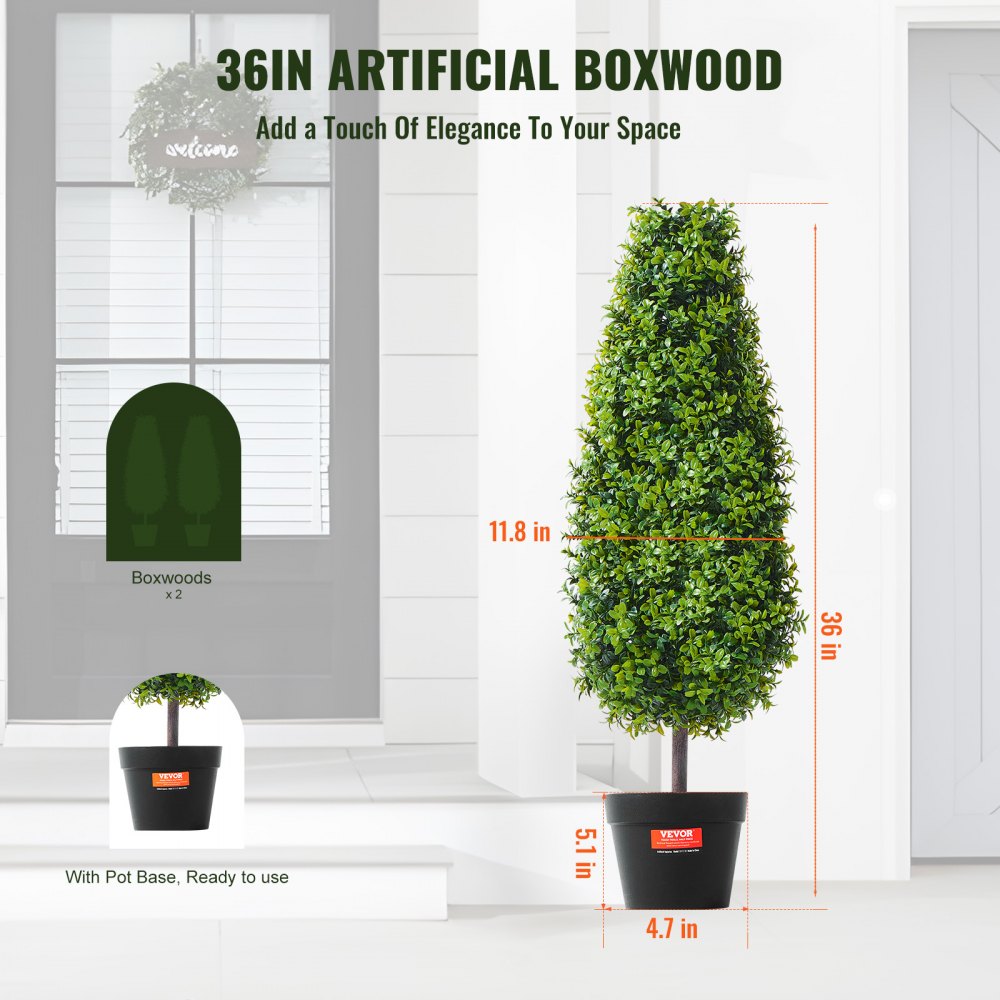 VEVOR Albero di Bosso Artificiale Topiario, 91,4 cm Altezza, 2 Pezzi, Alberi di Bosso Finti, Pianta Artificiale Verde con Foglie, Vaso, Decorazione, Set di Verde con Protezione UV per Arredamento