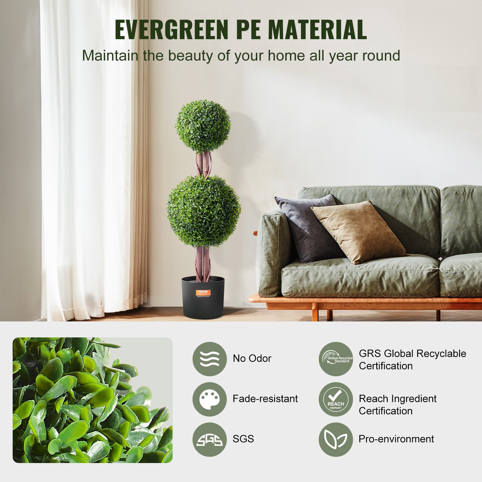 VEVOR Albero di Bosso Artificiale Topiario, 91,4 cm Altezza, 2 Pezzi, Alberi di Bosso Finti a Doppia Palla, Pianta Artificiale Verde con Foglie, Vaso, Decorazione, Set Protezione UV per Arredamento