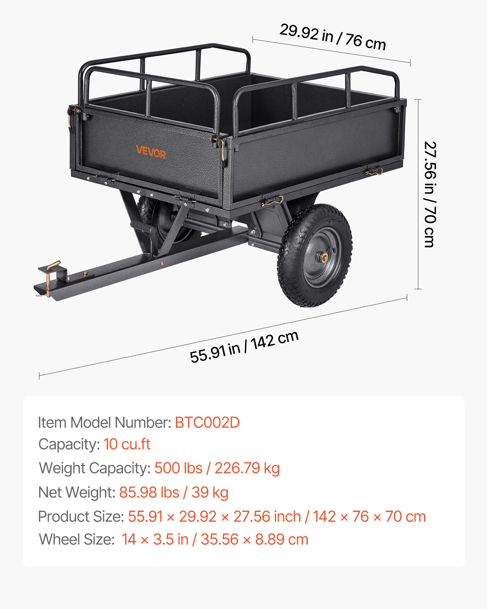 VEVOR Garden Utility Trailer, 10 Cu. Ft & 227 kg Capacity, ATV UTV Hauling Trailer, Tow Behind Steel Dump Cart with 14" Tires, Hand Pull or Foot Pedal, Heavy Duty Yard Trailers for Lawn Mower Tractor