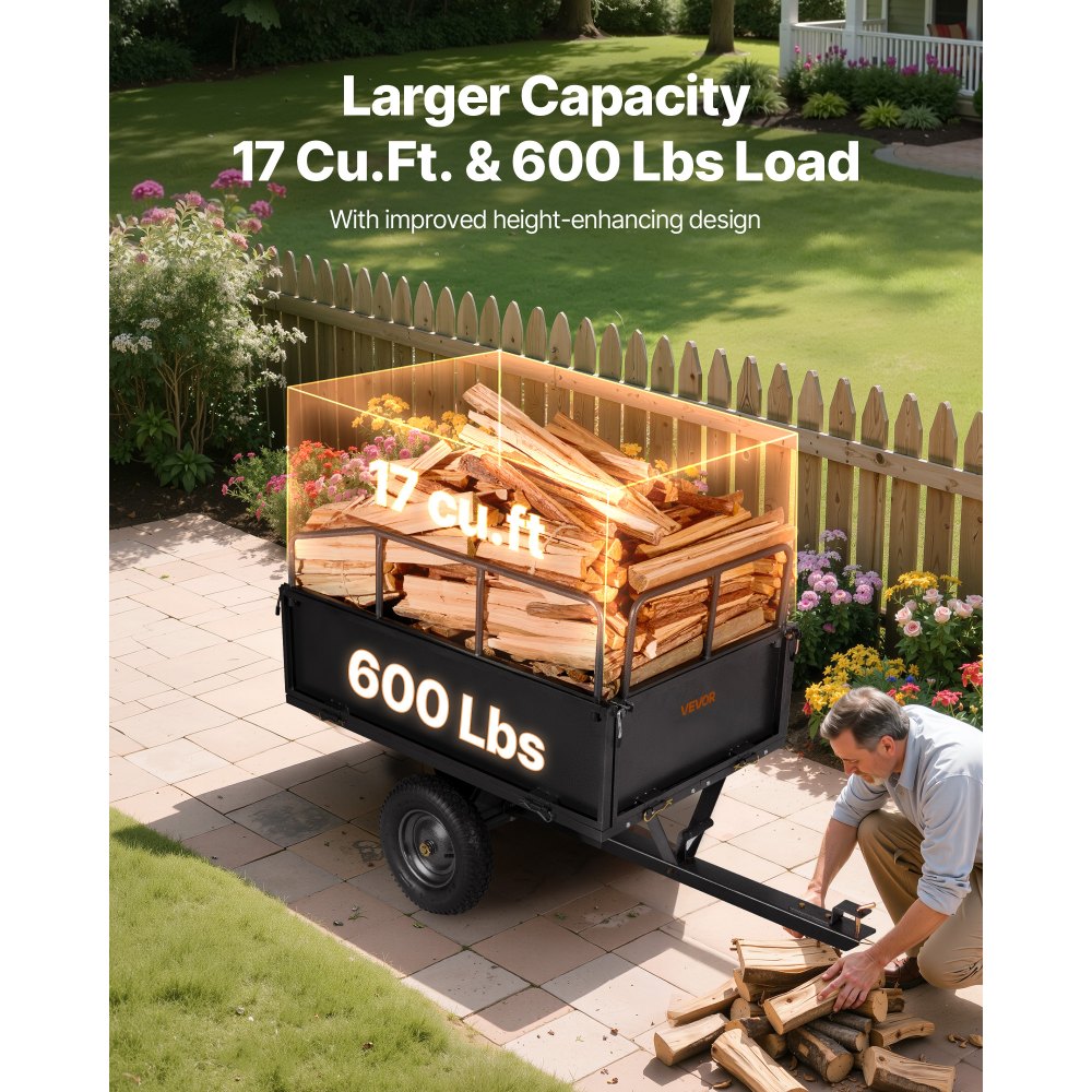 VEVOR Rimorchio da Giardino, Capacità di 272,16 kg Carrello Ribaltabile in Acciaio con Pneumatici da 40,64 cm Azionamento a Mano o a Pedale, per Impieghi Gravosi per Trattorini Tosaerba