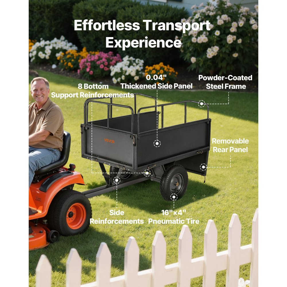 VEVOR Garden Utility Trailer, 17 Cu. Ft & 272 kg Capacity, ATV UTV Hauling Trailer, Tow Behind Steel Dump Cart with 16" Tires, Hand Pull or Foot Pedal, Heavy Duty Yard Trailers for Lawn Mower Tractor