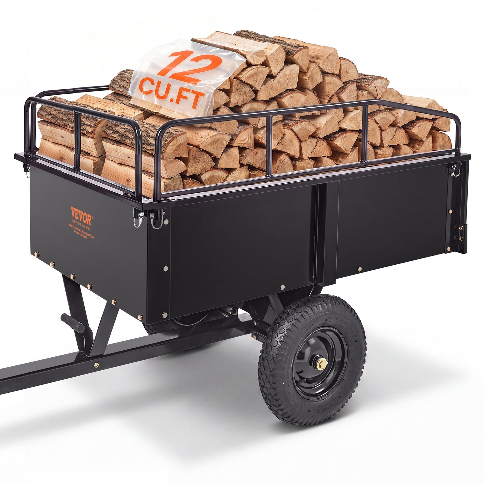 VEVOR Carrello Rimorchio per Carichi Pesanti in Acciaio, Cassone di Trasporto da Giardino con Lati Rimovibili Portata max. 340kg ca. Carrello per Trattore Tosaerba con Ruote per Trasporto da Giardino