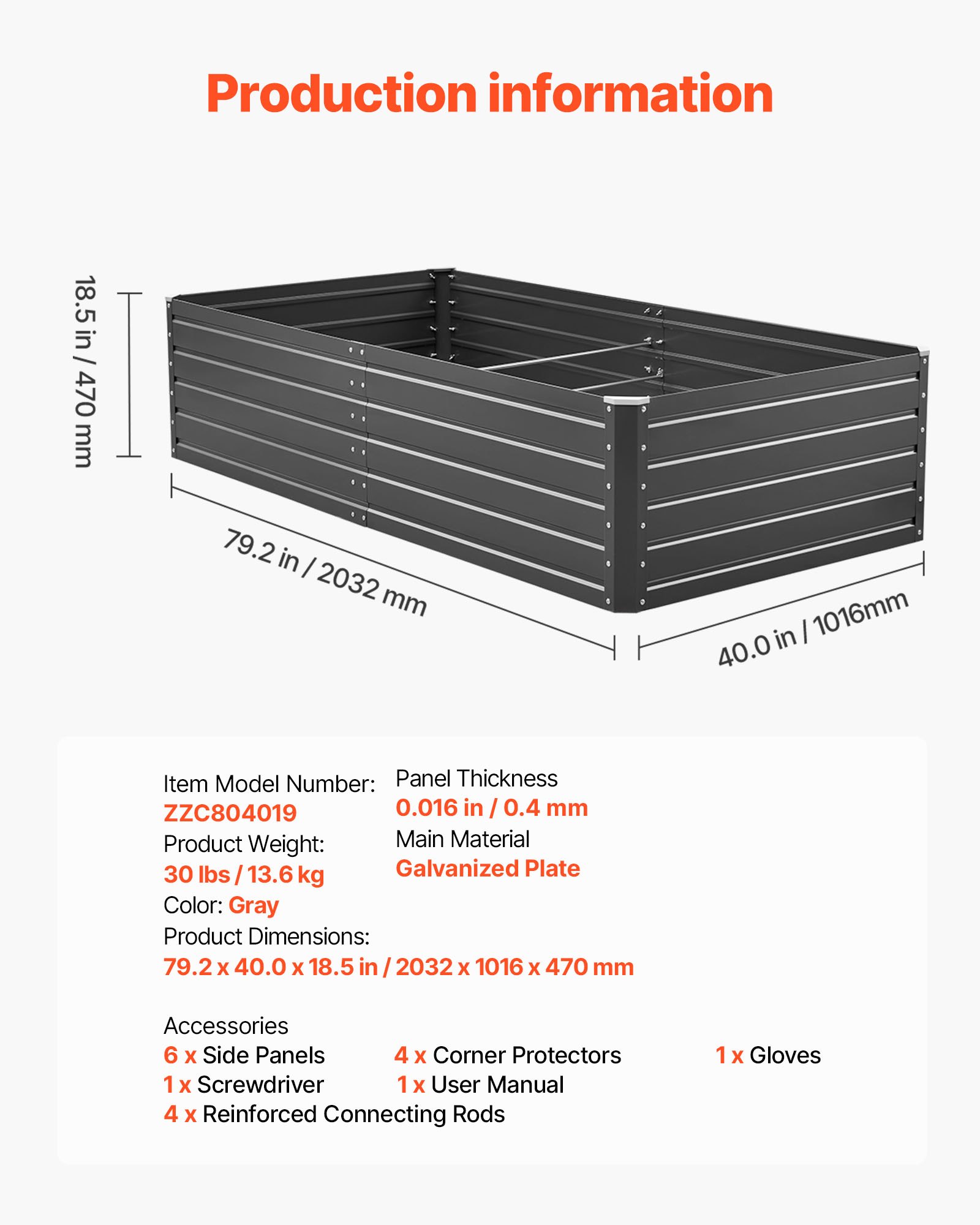 VEVOR Metal Raised Garden Bed, 2.0 x 1.0 x 0.5 m Outdoor Galvalume Planter Garden Box, Open Bottom Design, Large Planter Raised Bed for Growing Vegetables, Flowers, Herbs, and Succulents, Gray