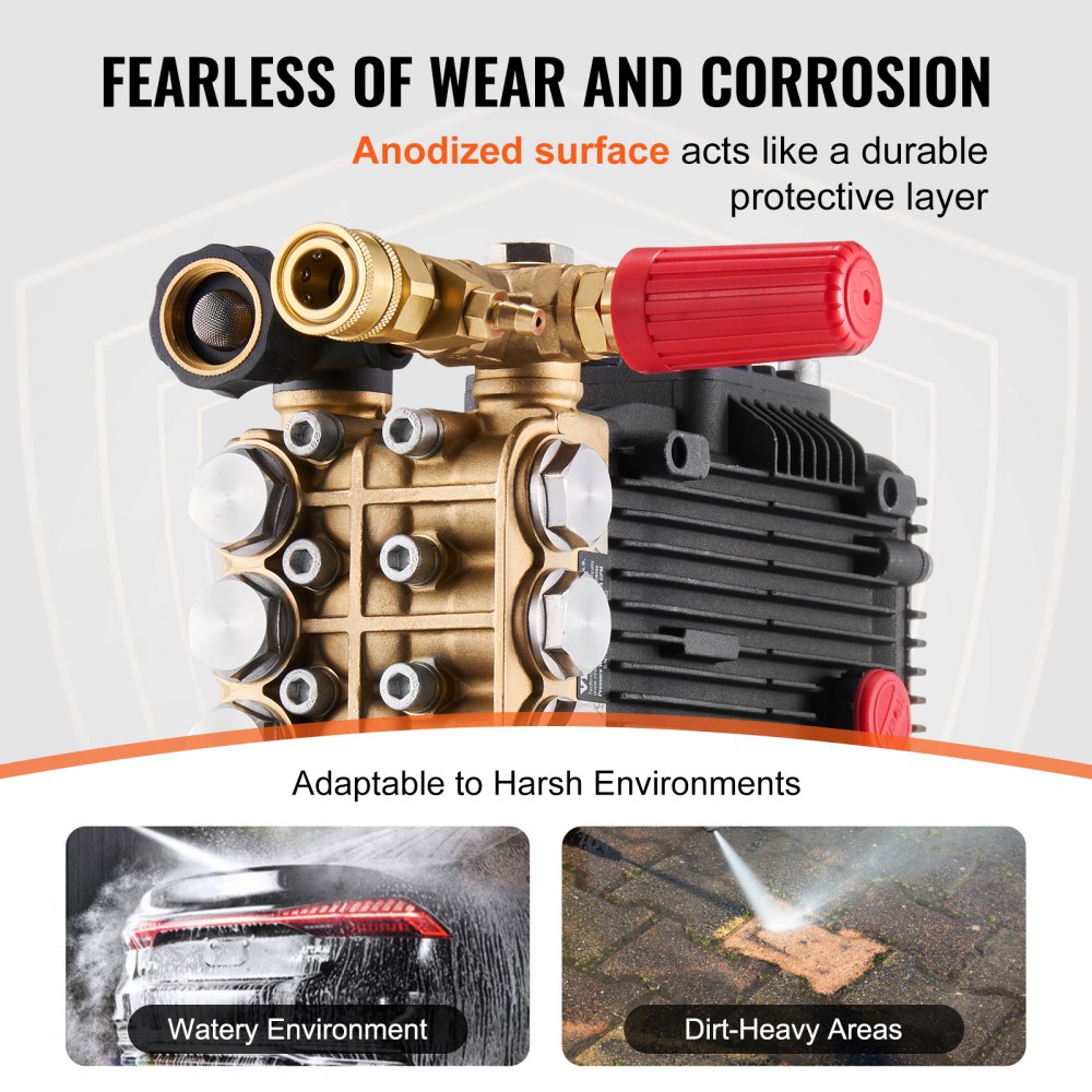 VEVOR High Pressure Washer Pump, 1-inch Shaft, Horizontal Triplex Piston, 4300 PSI, 4.4 GPM, Replacement High Pressure Washer Pump Set with 5 Nozzles, Replacement Pump up to 500 Hours of Continuous Operation, Replacement Pump