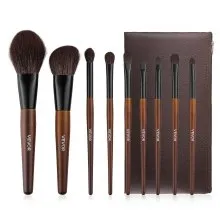 VEVOR Set di 9 Pennelli per Trucco per Fondotinta e Ombretto, Kit di Pennelli per Trucco con Morbida Lana Naturale e Setole Sintetiche Vegane, Impugnatura Ergonomica in Legno, Custodia da Viaggio