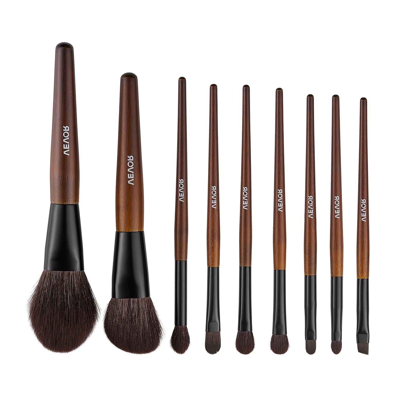 VEVOR Set di 9 Pennelli per Trucco per Fondotinta e Ombretto, Kit di Pennelli per Trucco con Morbida Lana Naturale e Setole Sintetiche Vegane, Impugnatura Ergonomica in Legno, Custodia da Viaggio