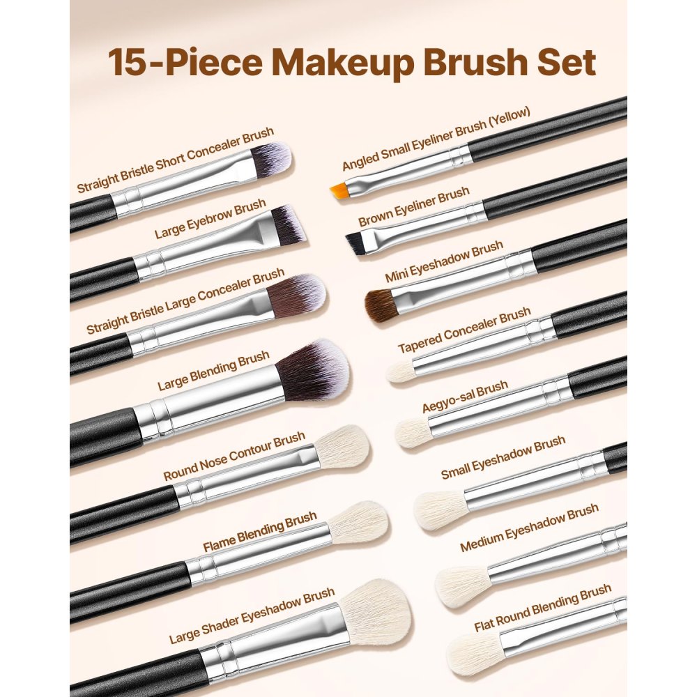 VEVOR 15-Piece Makeup Brush Set for Foundation Blending Eyeshadow, Professional Vegan Brushes with Soft Synthetic Bristles, Ergonomic Wood Handle & Aluminum Ferrule, Portable and Travel-Friendly