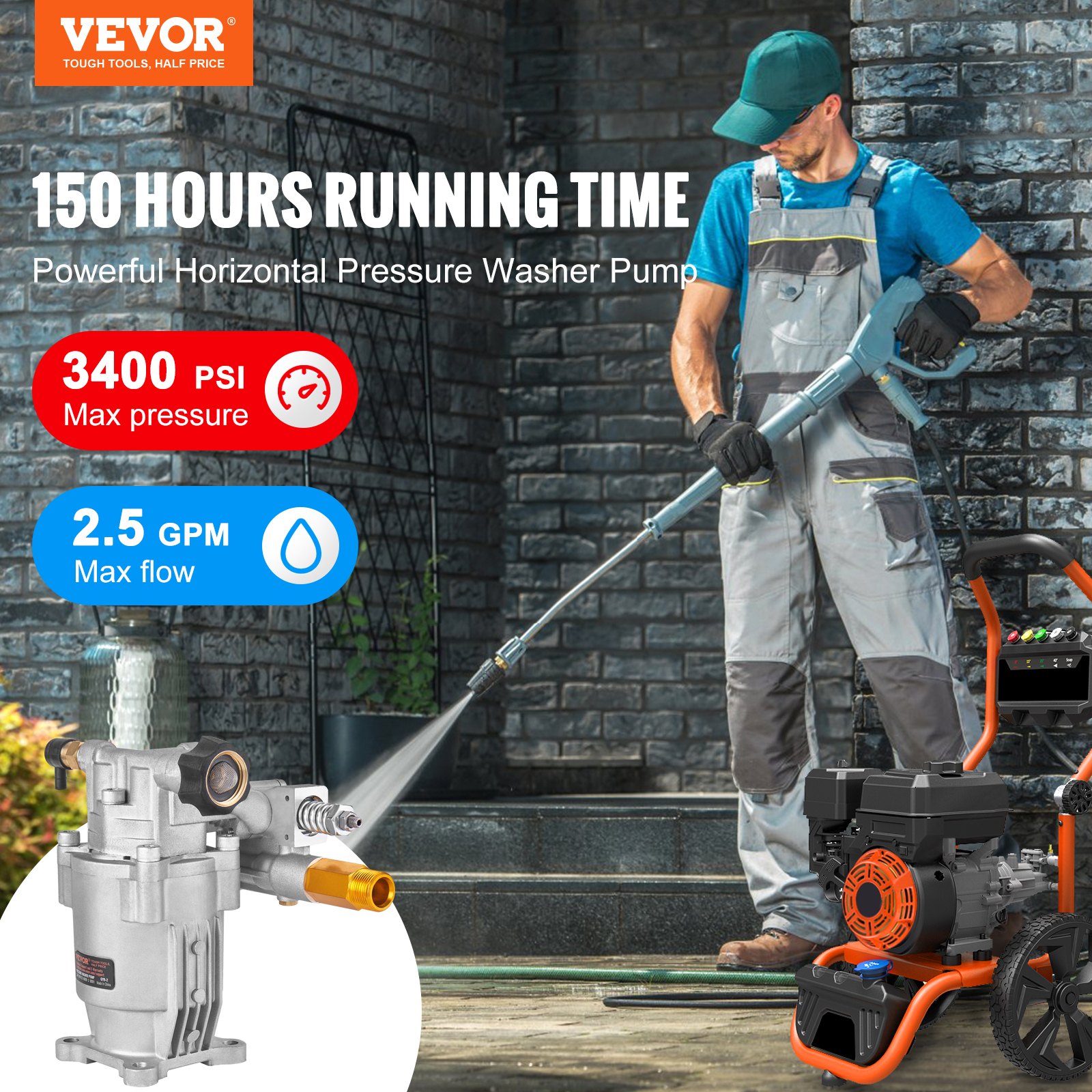 VEVOR Pompa per Idropulitrice, Albero Orizzontale 19,05 mm, 3400 PSI, 2,5 GPM, Kit di Pompe di Ricambio per Idropulitrice per Lavaggio Compatibile con Honda, Simpson, Briggs & Stratton, Craftsman