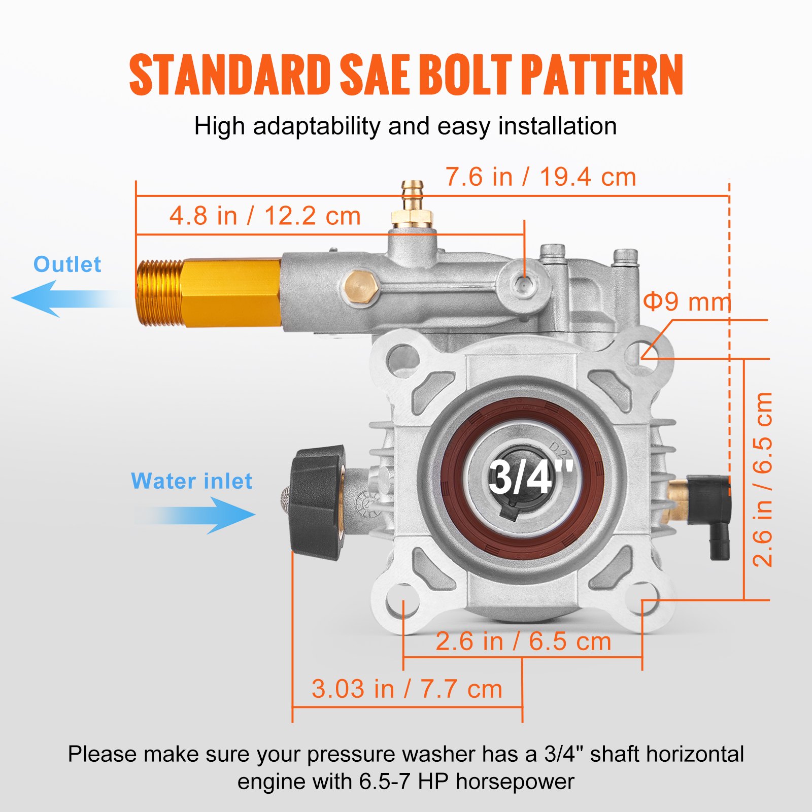 VEVOR Pompa per Idropulitrice, Albero Orizzontale 19,05 mm, 3400 PSI, 2,5 GPM, Kit di Pompe di Ricambio per Idropulitrice per Lavaggio Compatibile con Honda, Simpson, Briggs & Stratton, Craftsman