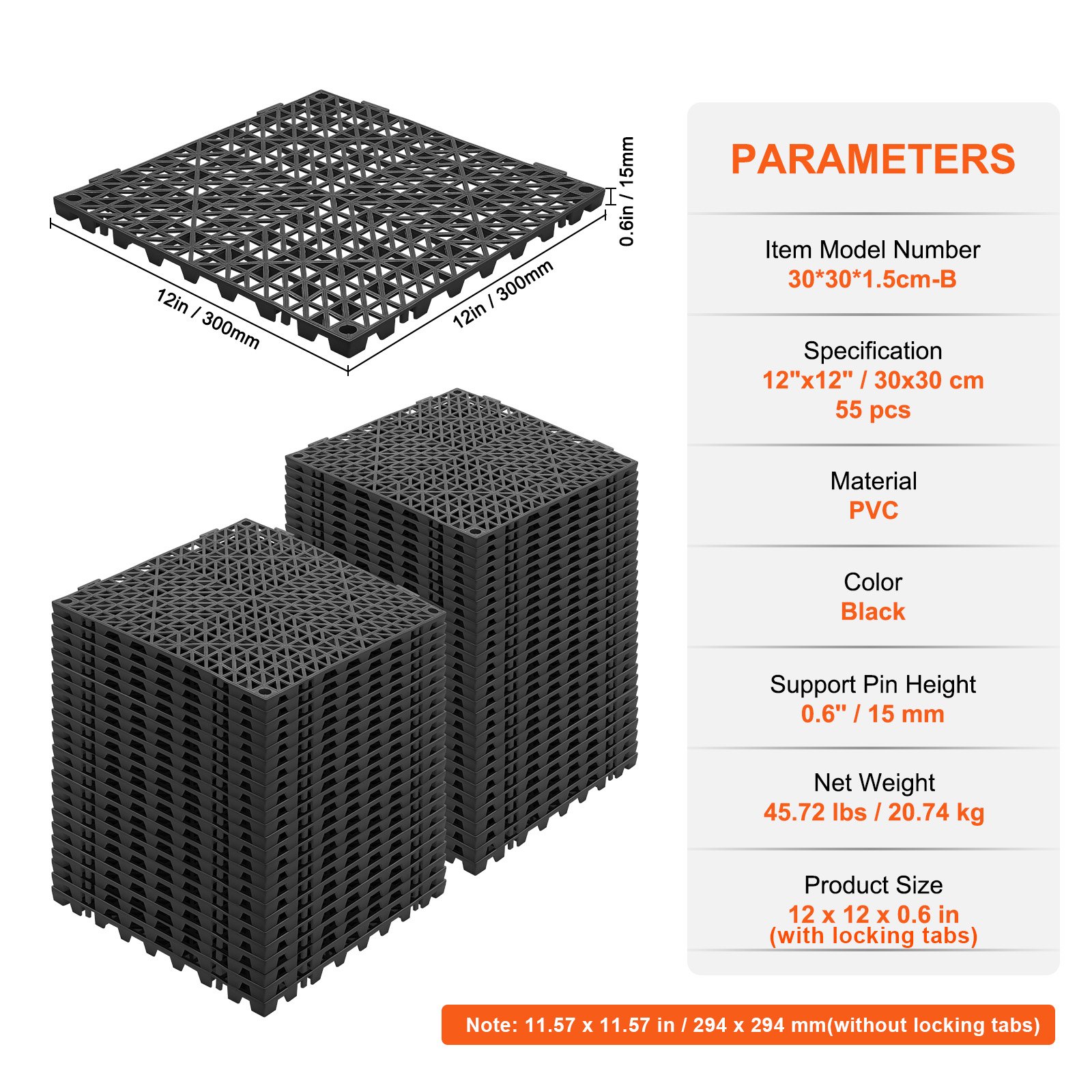 VEVOR Set di 55 Piastrelle per Piscina da Giardino 30 x 30 x 1,5cm, Piastrelle Traforate Nere per Pavimentazione Antiscivolo in PVC a Drenaggio Rapido per Interni & Esterni per Bagno Piscina Giardino