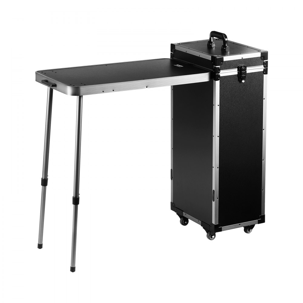 VEVOR Valigetta Portatile Ripiegabile per Trucco Parrucchiere Barbiere Piano di Lavoro Pieghevole Gambe di Supporto, Valigetta per Trucco, Scatola Portautensili Cosmetici Rotelle Girevoli a 360° Nero