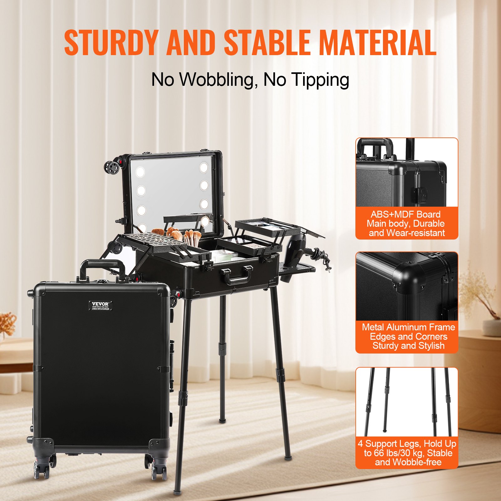 VEVOR Valigetta Portatile Astuccio per Trucco con Serratura con Specchio 4 Vassoi Porta Pennelli, Valigetta Astuccio per Matite, Scatola Trucco per Cosmetici Rotelle Girevoli a 360° Supporto Estetiche