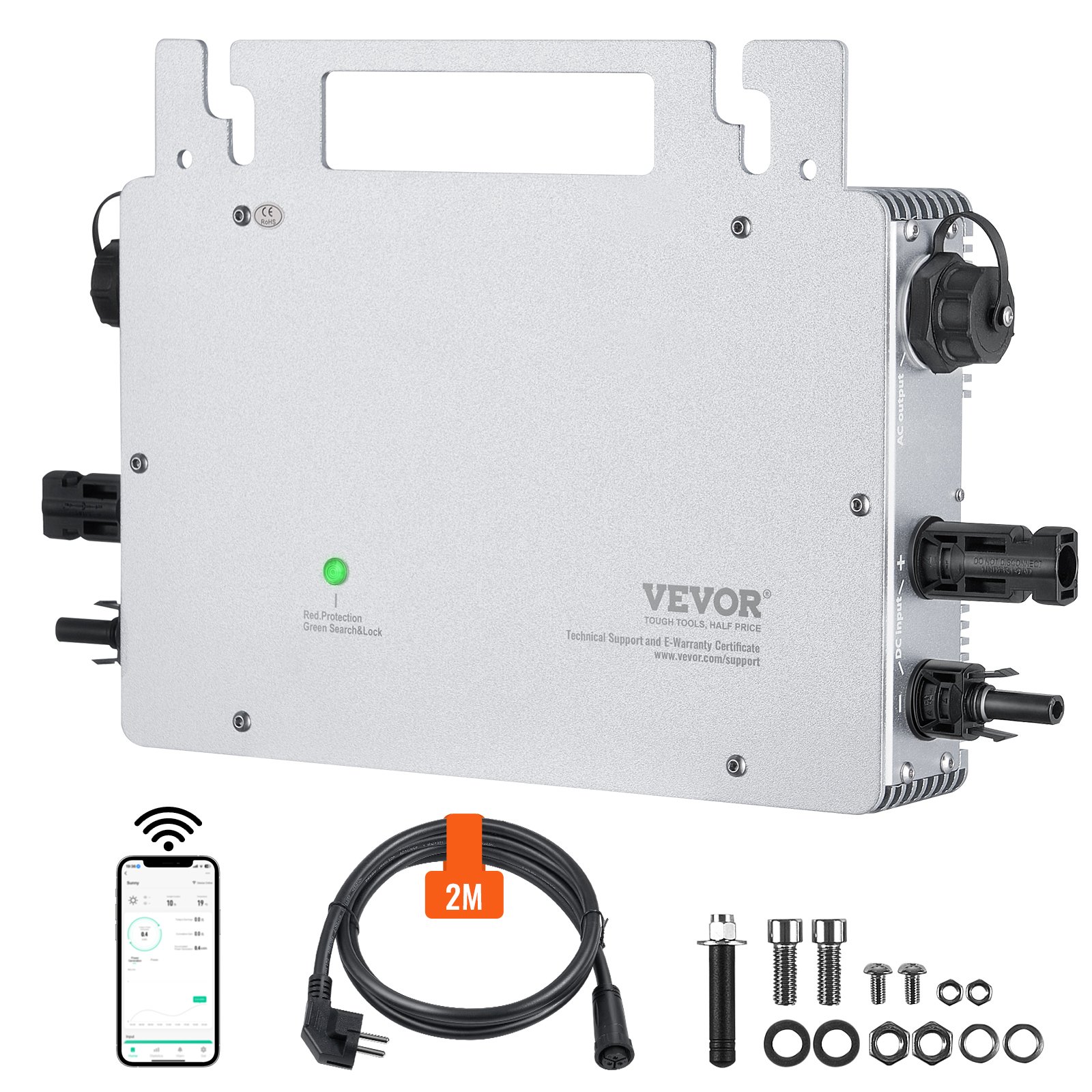 VEVOR Micro inverter per collegamento alla rete solare, 800 W, IP67 in lega di alluminio DC18-50V Tensione di esercizio con cavo di alimentazione antenna WiFi APP, per sistemi di pannelli solari