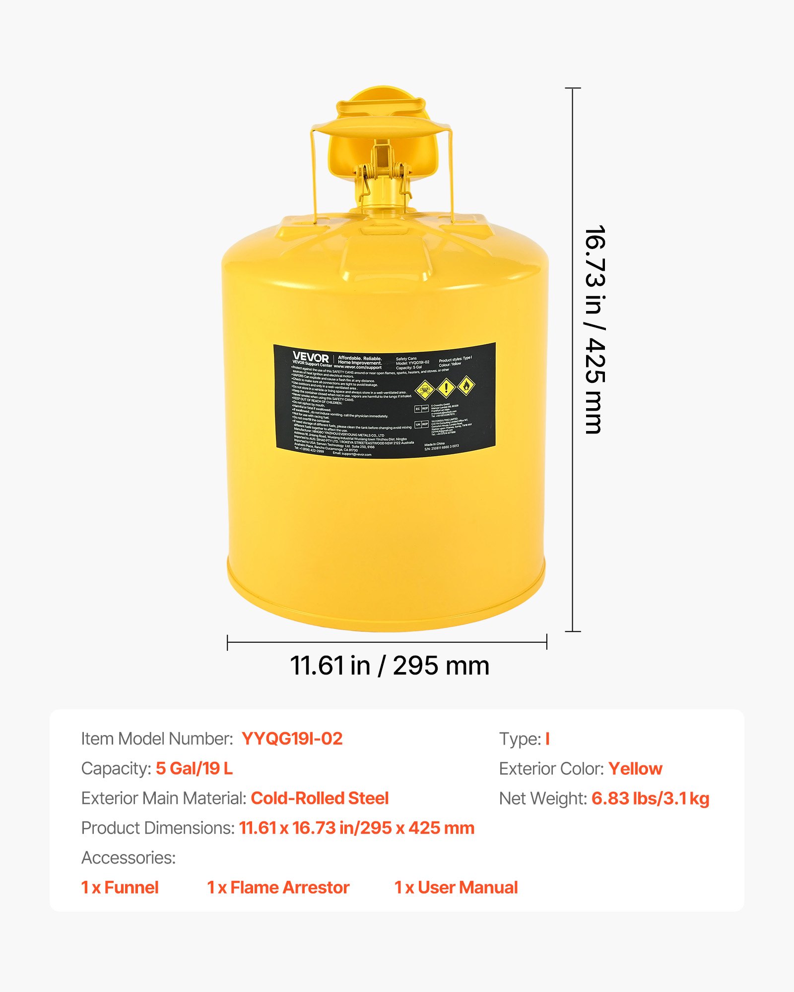 VEVOR Tanica Carburante per Benzina Diesel Tanica di Sicurezza Gialla da 19 Litri Tipo I per Gasolio con Parafiamma in Acciaio Inossidabile, Coperchio a Chiusura Automatica e Imbuto in PE