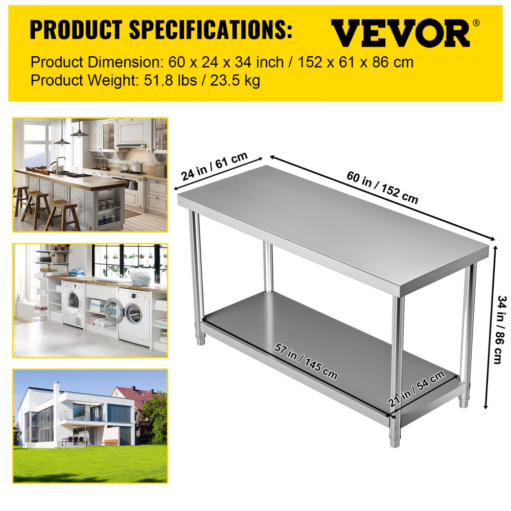 VEVOR Tavolo per Preparazione del Lavoro 152 x 61 x 86 cm, Tavolo in Acciaio Inossidabile, Tavolo da Cucina a 2 Ripiani Capacità di Carico 150 + 100 kg, per Riporre Oggetti, Tritare Verdure, Impastare