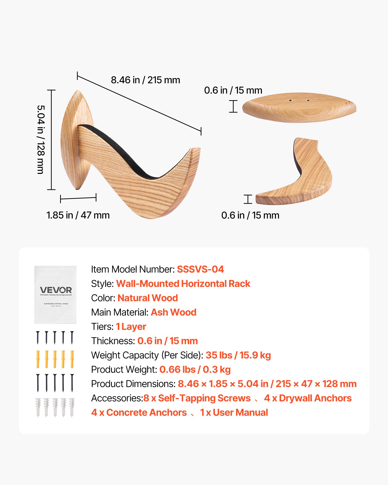 VEVOR Supporto da Parete per Tavola da Surf, Supporto Orizzontale in Legno per Riporre ed Esporre, Organizzatore Regolabile 1 Strato per Kiteboard, Shortboard, Sci, Snowboard e Wakeboard