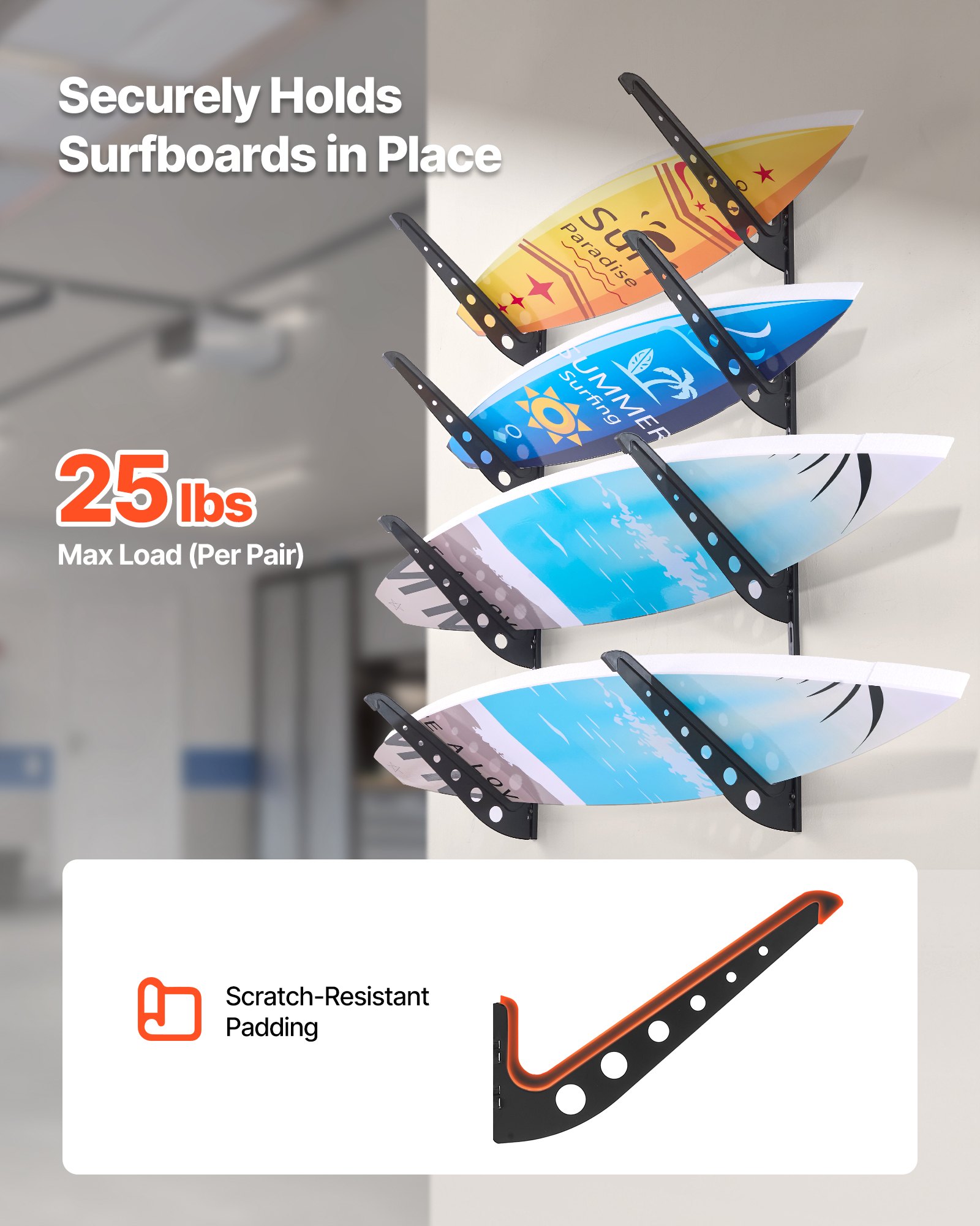 VEVOR Supporto da Parete per Tavola da Surf, Supporto Orizzontale in Legno a 4 Livelli per Riporre ed Esporre, Organizzatore in Metallo Regolabile in Altezza con Spugna per Kiteboard, Shortboard, Sci