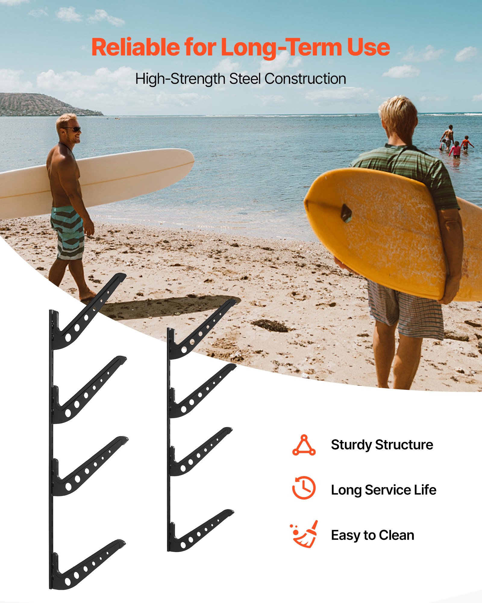 VEVOR Supporto da Parete per Tavola da Surf, Supporto Orizzontale in Legno a 4 Livelli per Riporre ed Esporre, Organizzatore in Metallo Regolabile in Altezza con Spugna per Kiteboard, Shortboard, Sci