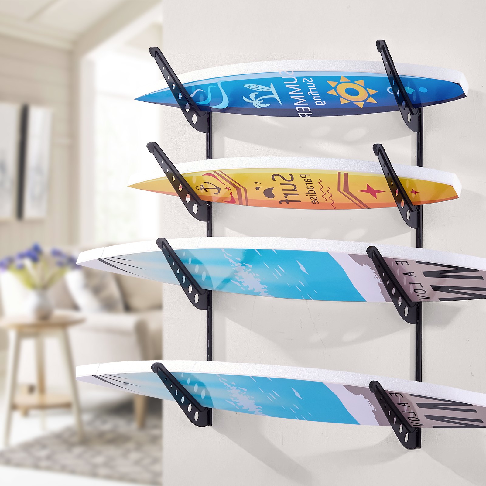 VEVOR Supporto da Parete per Tavola da Surf, Supporto Orizzontale in Legno a 4 Livelli per Riporre ed Esporre, Organizzatore in Metallo Regolabile in Altezza con Spugna per Kiteboard, Shortboard, Sci