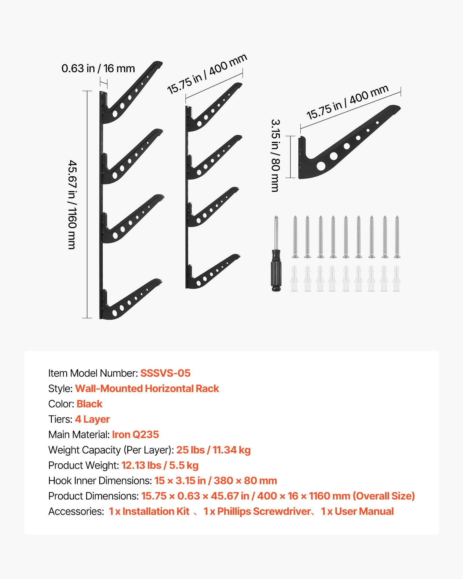 VEVOR Supporto da Parete per Tavola da Surf, Supporto Orizzontale in Legno a 4 Livelli per Riporre ed Esporre, Organizzatore in Metallo Regolabile in Altezza con Spugna per Kiteboard, Shortboard, Sci