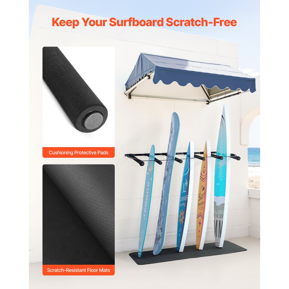 VEVOR Supporto da Parete per Tavola da Surf, Supporto Verticale in Legno a 5 Livelli per Riporre ed Esporre, Organizzatore Regolabile in Metallo con Spugna per Kiteboard, Shortboard, Sci