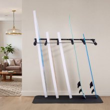 VEVOR Supporto da Parete per Tavola da Surf, Supporto Verticale in Legno a 5 Livelli per Riporre ed Esporre, Organizzatore Regolabile in Metallo con Spugna per Kiteboard, Shortboard, Sci