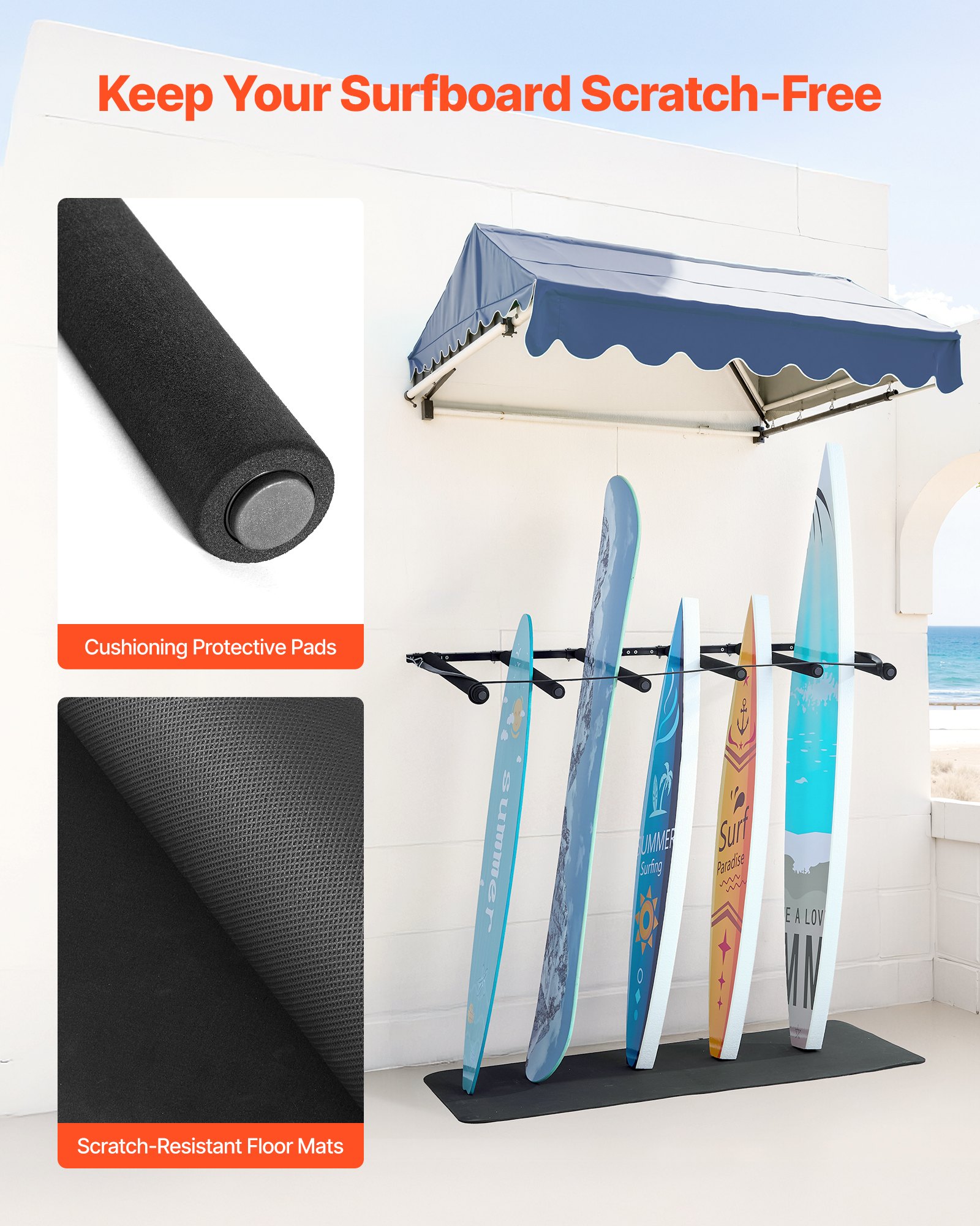 VEVOR Supporto da Parete per Tavola da Surf, Supporto Verticale in Legno a 5 Livelli per Riporre ed Esporre, Organizzatore Regolabile in Metallo con Spugna per Kiteboard, Shortboard, Sci