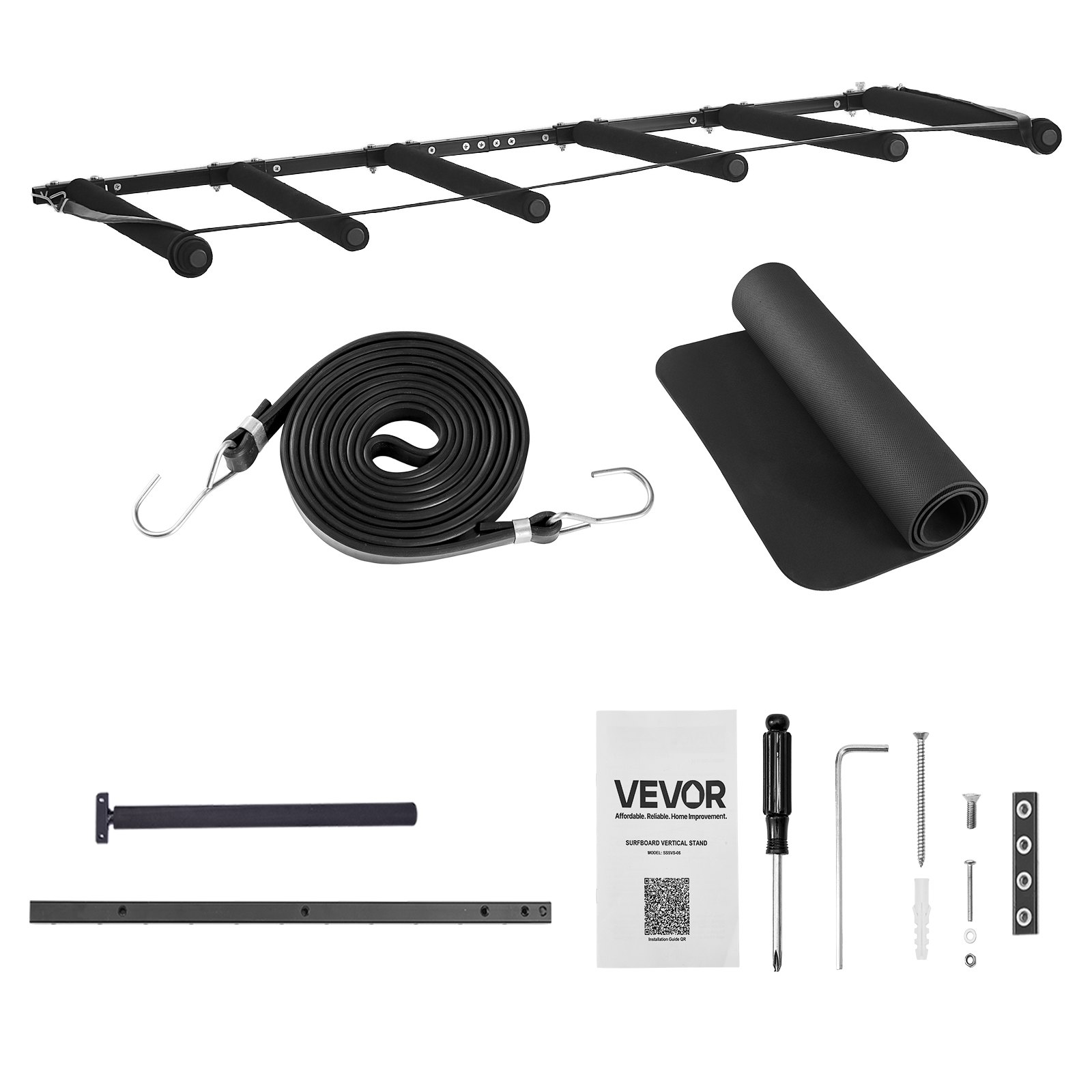 VEVOR Supporto da Parete per Tavola da Surf, Supporto Verticale in Legno a 5 Livelli per Riporre ed Esporre, Organizzatore Regolabile in Metallo con Spugna per Kiteboard, Shortboard, Sci