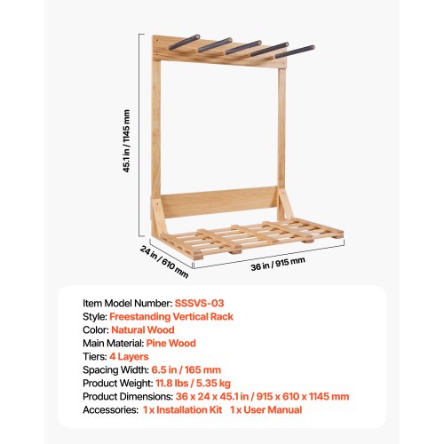 VEVOR Supporto Per Tavole Da Surf In Legno A 4 Ripiani, Altezza 165 Mm Tra I Ripiani, Base Larga 915x610 Mm, Per Surf, Snowboard, Sci